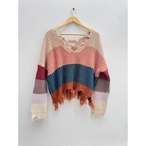 Miracle USA Distressed Colorblock Crop Sweater Boxy Knit Earth Tone M L